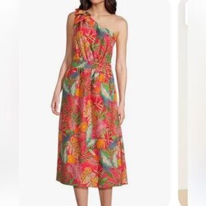 Gibson Latimer NWT Size Large One-Shoulder Pink/Multi Tropical Midi Dress